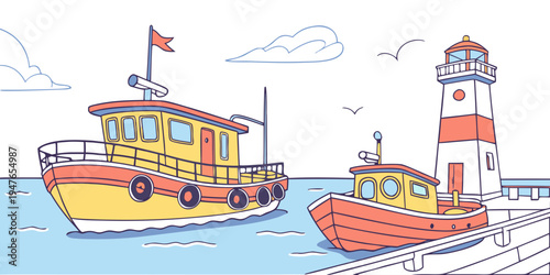 A yellow and orange boat next to a lighthouse Vector
