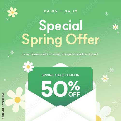 Spring Sale 50% Off Coupon Banner Template with Daisy Flowers and Green Gradient Background