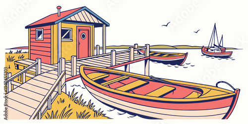A small red and yellow boat sitting on a dock Vector