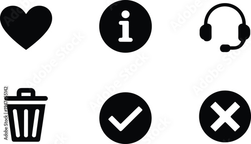 Set of Six Black Icons Including Heart, Info, Headset, Trash, Check, and Cross Keywords: heart, love, like, information, info