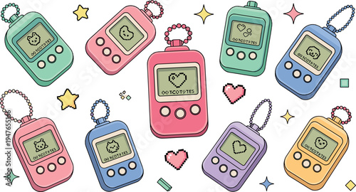 Cute retro virtual pet toy devices collection vector illustration with colorful handheld digital pets inspired by nostalgic 90s electronic games