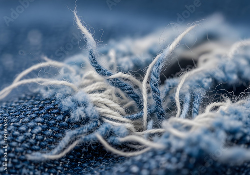 Macro extreme close-up of frayed denim fabric, showing ripped threads and rough texture, isolated on transparent background for design elements.