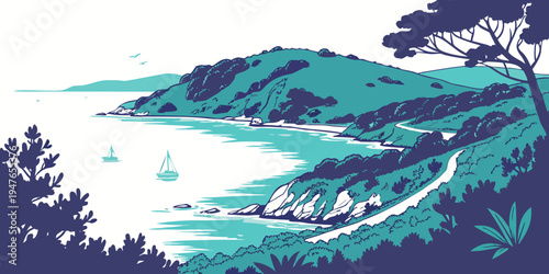 A serene landscape with a body of water and sailboats Vector