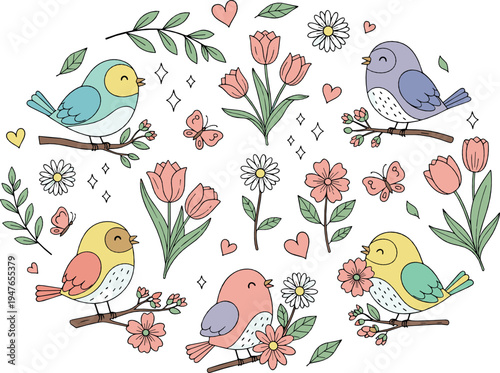 Cute Spring Birds and Flowers Vector Collection with Colorful Songbirds Branches Tulips Daisy Nature Illustration Set