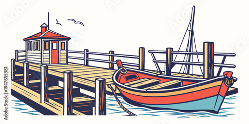 A small red and blue boat sitting on a dock Vector