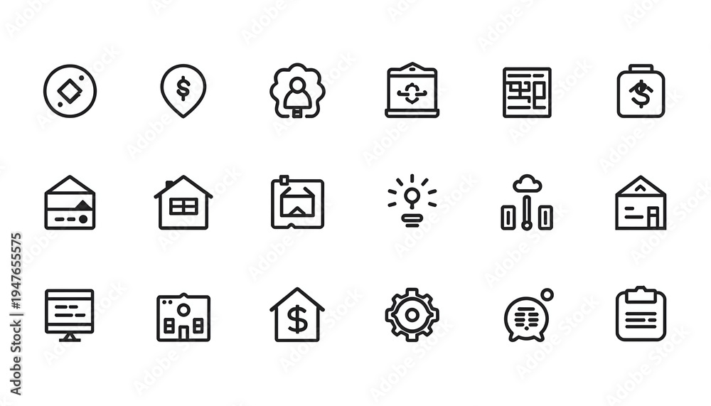 Naklejka premium A collection of black and white line icons representing various business and finance concepts on a white background