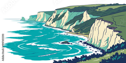 A scenic cliffside by the ocean with green grass Vector