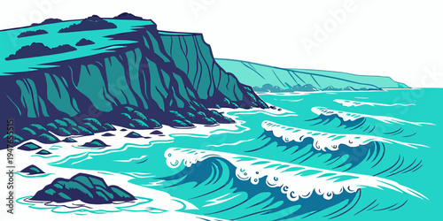 A rocky cliffside by the ocean with waves crashing Vector