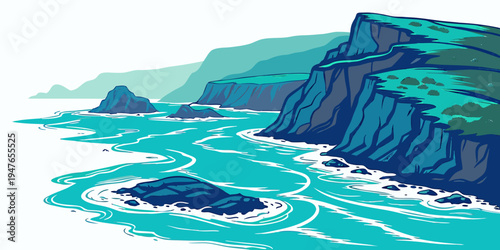 A rocky cliffside by the ocean with waves crashing Vector