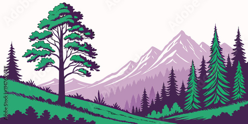 A scenic mountain landscape with trees and hills Vector