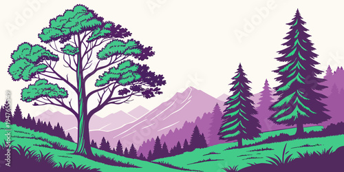 A pixel art landscape with trees and mountains Vector