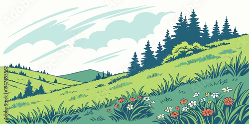 A serene landscape with rolling hills and trees Vector