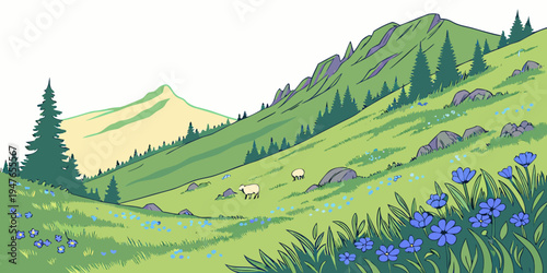 A serene green hillside with purple flowers and trees Vector