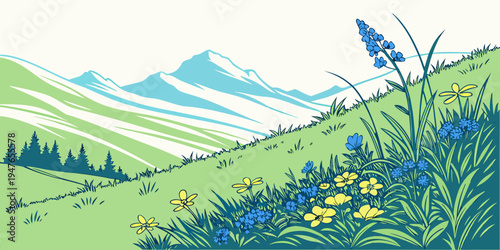 A serene mountain landscape with wildflowers and trees Vector