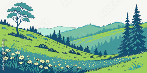 A serene landscape with a tree on a green hillside Vector