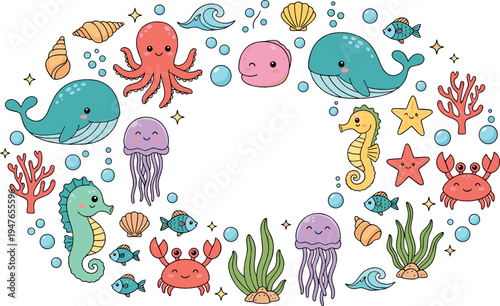 Cute underwater sea animals circle frame vector illustration with whales, octopus, jellyfish, seahorses, crabs, fish and coral ocean elements