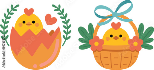 Cute Easter chick vector set with hatching egg and basket for spring holiday celebration design