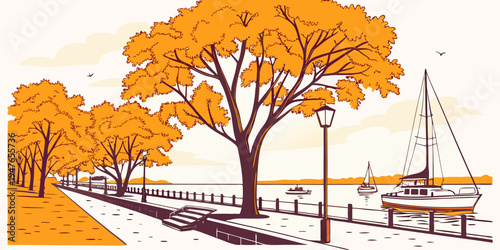 A row of trees with yellow leaves along a walkway Vector