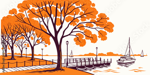 A tree with orange leaves next to a dock on a body of water Vector