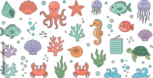 Cute underwater sea animals vector illustration set with octopus, jellyfish, fish, seahorse, crab, coral reef and marine life cartoon elements