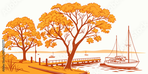 A serene landscape with trees and a sailboat Vector