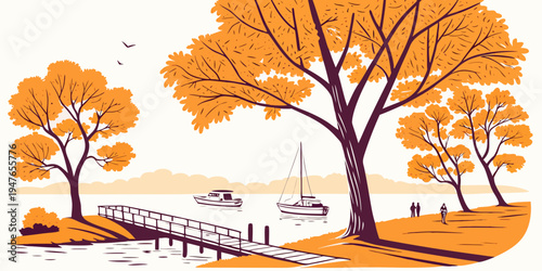 A serene autumn landscape with trees and a bridge Vector