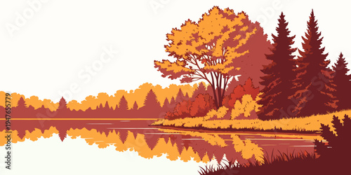 A serene lake scene with trees reflecting on the water during autumn Vector