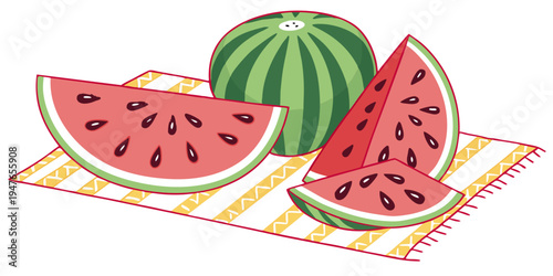 A watermelon and two slices on a towel Vector