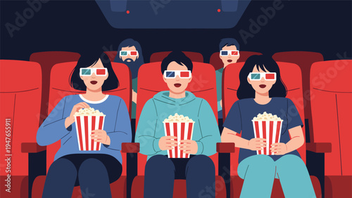 Group of people wearing red and blue 3D glasses watching a movie in a cinema while eating large tubs of popcorn.