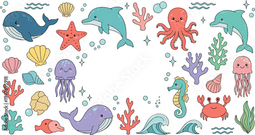 Cute underwater sea animals vector set with whales, dolphins, octopus, jellyfish, seahorse, crab, starfish and coral ocean elements