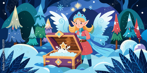 Christmas winter fairy with fantasy miracle in opened chest trea

