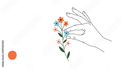 Minimalist line drawing of a hand reaching to pick a small colorful flower from a stem with green leaves.