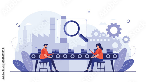 Factory workers monitoring items on a conveyor belt with a giant magnifying glass above representing quality control.