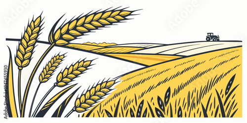 A field of golden wheat with a tractor in the distance Vector