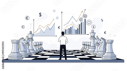 Businessman standing on a giant chessboard and thinking while looking at financial growth charts and industrial cog wheel icons.