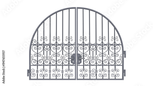 Elaborate double entrance gates made of grey wrought iron with intricate decorative scrollwork and heart patterns.