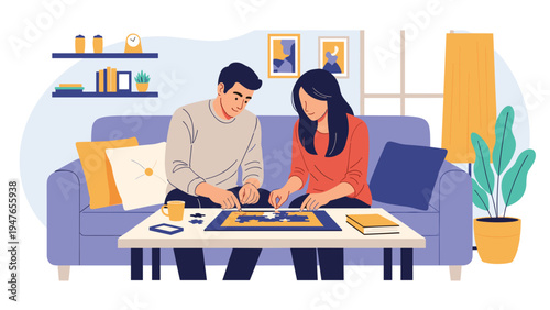Young man and woman sitting together on a sofa solving a large jigsaw puzzle on the coffee table in their living room.