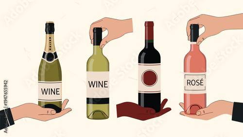 Multiple hands of different skin tones holding and presenting various bottles of wine including red, white, and rose.