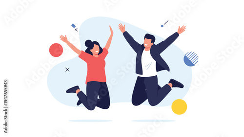 Joyful young couple jumping high in the air with arms outstretched against a minimalist abstract background celebrating success.