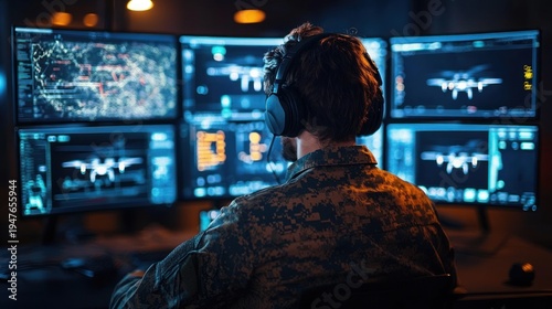 military operator in camouflage uniform wearing headset monitors multiple screens showing drone schematics, maps and tactical data in a dim command center, focused and vigilant
