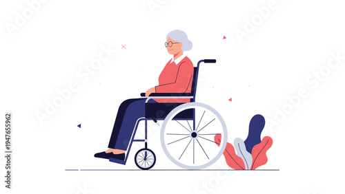 Senior woman sitting comfortably in a wheelchair with a peaceful expression against a simple background with decorative leaves.