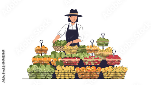 Female market vendor wearing a hat and apron standing behind various baskets filled with fresh fruits and vegetables.