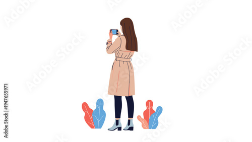Woman standing with her back to the camera wearing a trench coat while taking a photo with her smartphone on a white background.