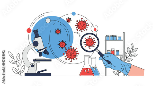 Scientific laboratory setup with a microscope and hands in blue gloves using a magnifying glass to study virus cells.