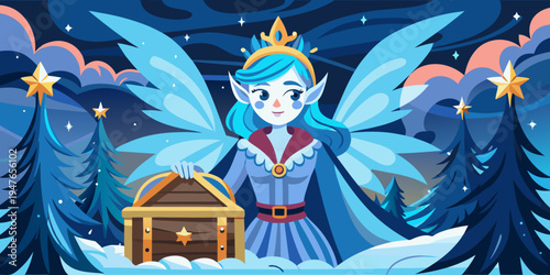 Christmas winter fairy with fantasy miracle in opened chest trea
