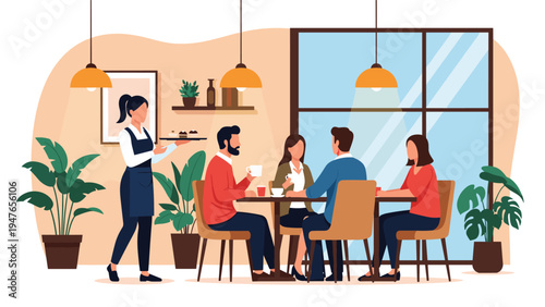 Waitress serving a group of friends sitting at a restaurant table having coffee and conversation in a cozy cafe.