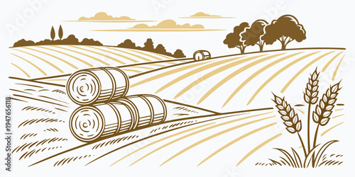 A tractor pulling hay bales through a harvested field Vector