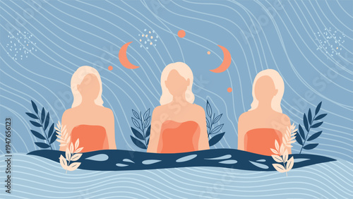 Silhouette of three women in a mysterious landscape under a crescent moon with ocean waves and botanical elements.