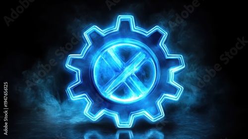 Glowing blue gear wheel emits radiant blue glow circular mechanism radiates vibrant blue light intensely