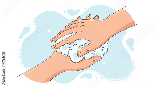 Detailed illustration of two hands washing with soap and water with many bubbles representing clean hygiene habits.